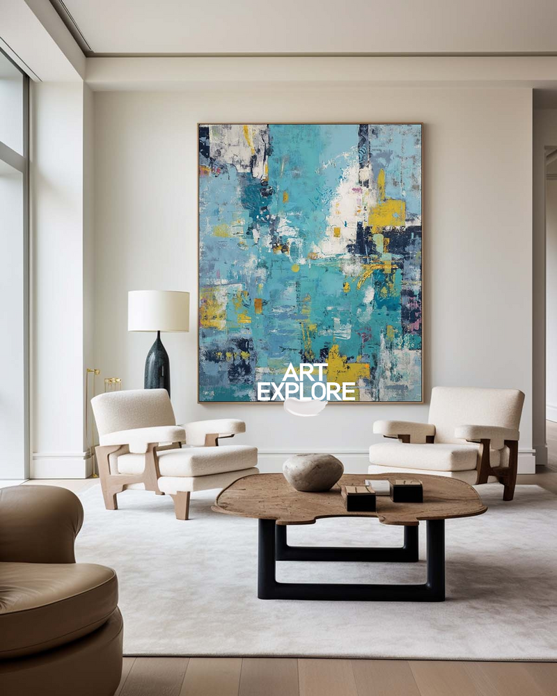 Handmade Blue and Mustard Abstract Canvas for Living Room or Lounge Walls | ArtExplore