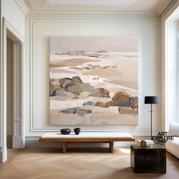 Handmade Brown Rock Seascape | Textured Square Canvas Art for Modern Interiors ArtExplore