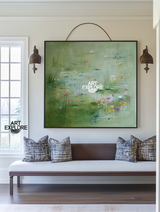 Handmade Green Lotus Wall Art | Nature-Inspired Painting for Lounge