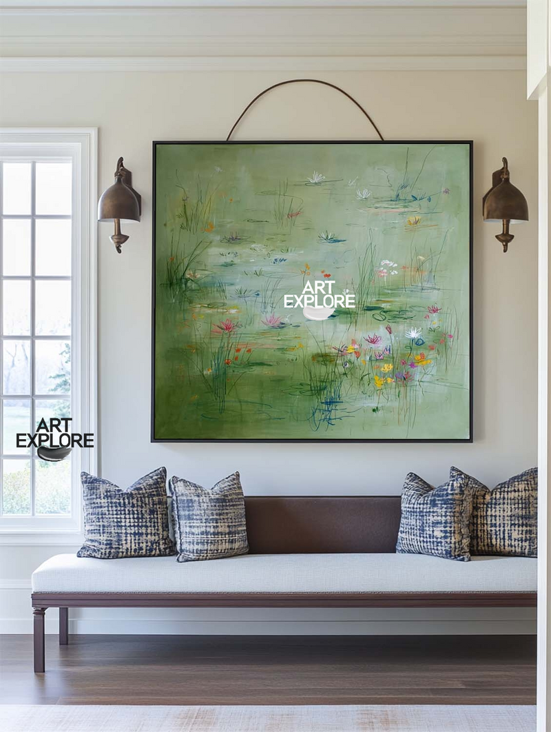 Handmade Green Lotus Wall Art | Nature-Inspired Painting for Lounge