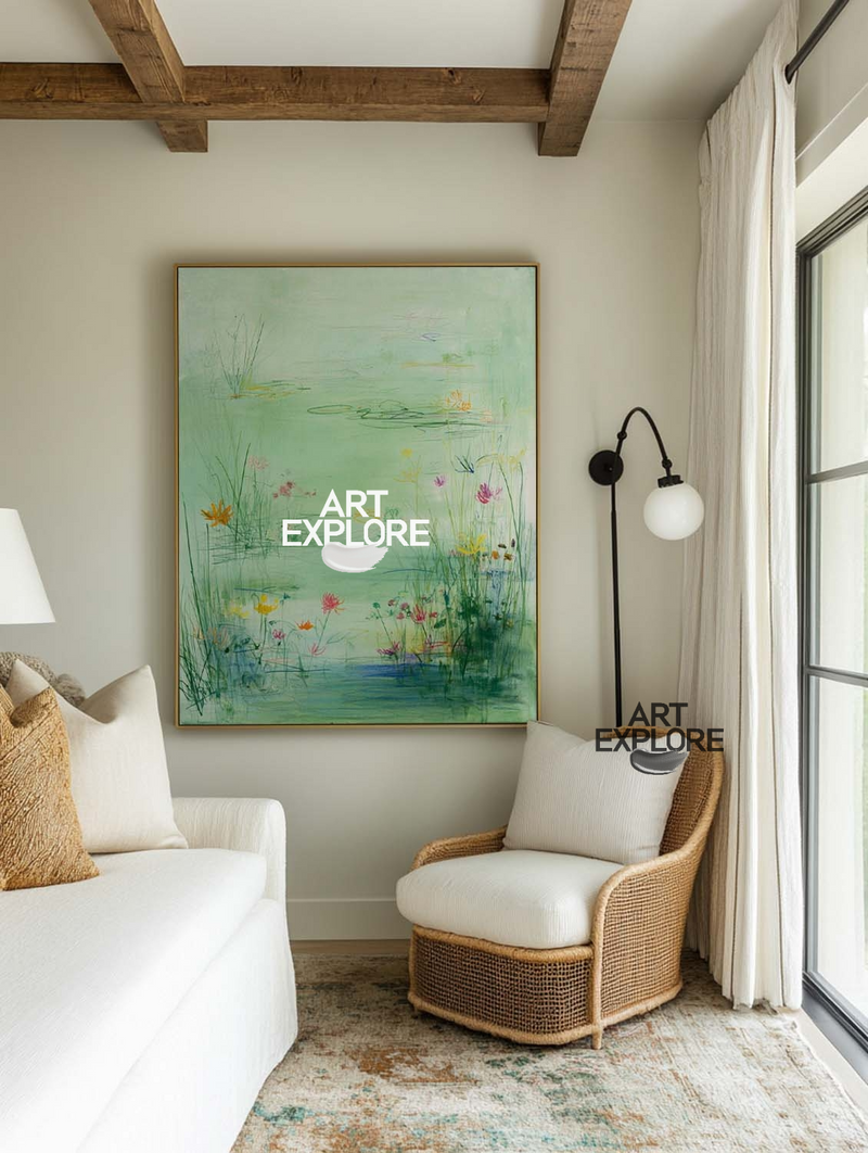 Handmade Green Pond Painting – Large Wall Art for Lounge & Office | ArtExplore