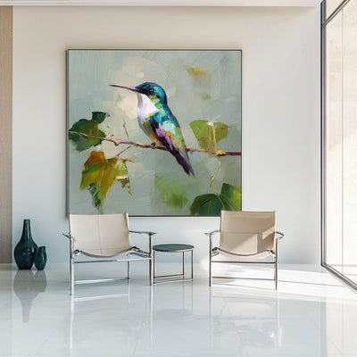 Handmade Hummingbird Oil Painting | Square Large Canvas Wall Art for Modern Interiors