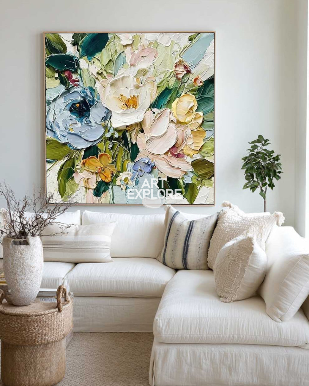 Handmade Impasto Blue Bloom Wall Art Colorful Floral Canvas Painting - ArtExplore