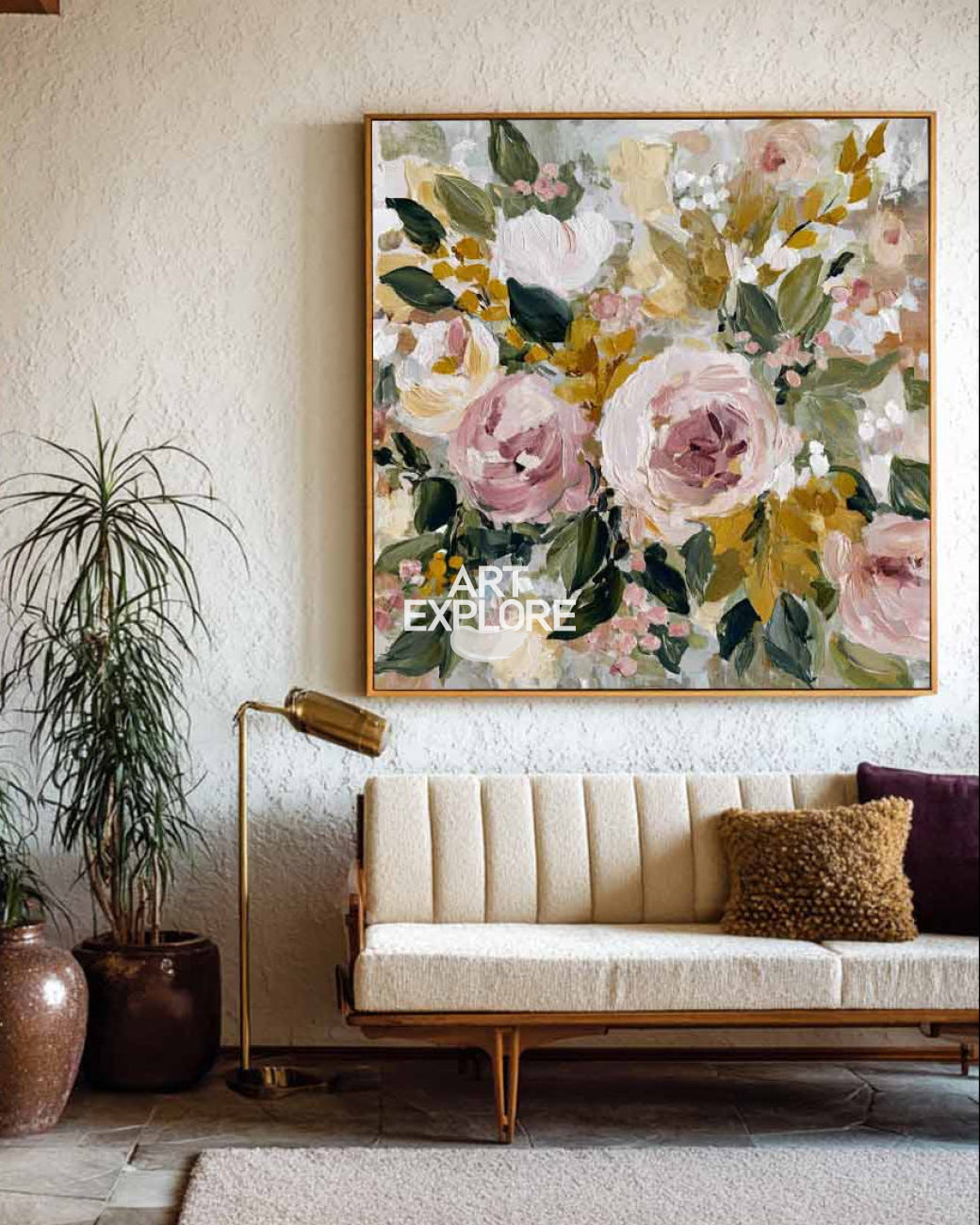 Handmade Impasto Neutral Floral Art Large Square Colorful Canvas Painting - ArtExplore