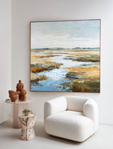 Handmade Large Blue Lake Landscape Art Square Textured Oil on Canvas | ArtExplore