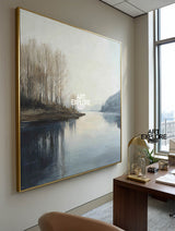 Handmade Large Canvas Lake View Painting, Neutral Blue Decor – ArtExplore