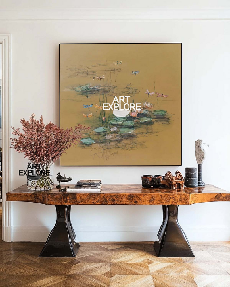 Handmade Lotus Pond Oil Painting | Large Square Canvas for Home - ArtExplor