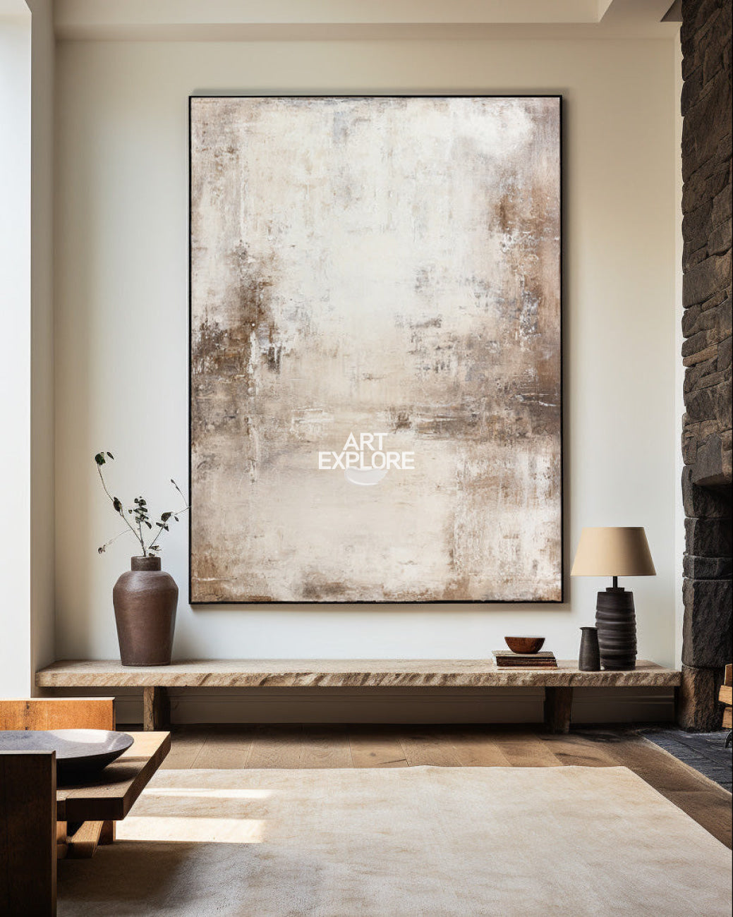 Handmade Minimalist Beige Oil Painting, Large Space Textured Wall Art ArtExplore