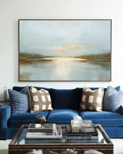 Handmade Misty Blue Sunrise Lake Canvas Painting – Large Textured Wall Art for Living Room