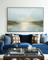 Handmade Misty Blue Sunrise Lake Canvas Painting – Large Textured Wall Art for Living Room