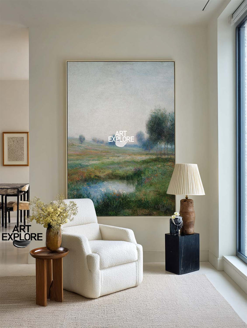 Handmade Misty Garden Landscape Art on Canvas for Large Spaces | ArtExplore Vertical Wall