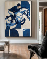 Handmade Navy Equestrian Artwork | Large Blue Modern Horse Riding Art | ArtExplore