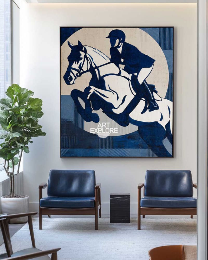 Modern Horse Riding Oil Painting | Navy Blue Equestrian Wall Art For ...