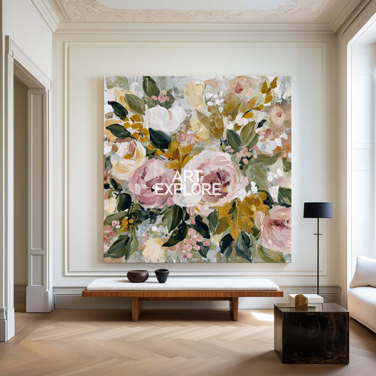 Handmade Neutral Floral Oil Painting Large Colorful Impasto Wall Decor - ArtExplore