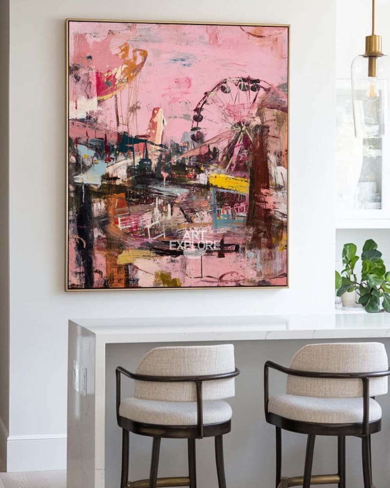 Handmade Pink Graffiti Park Scene | Large Vertical Abstract ArtExplore