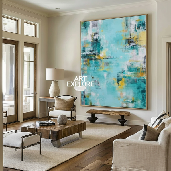 Handmade Teal Wabi-Sabi Canvas Art for Large Living Room Wall - ArtExplor