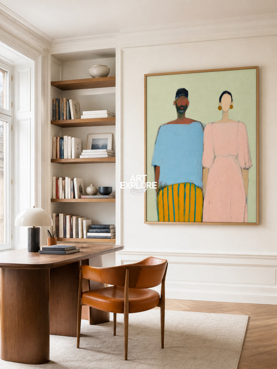 Modern Abstract Couple Painting Blue Pink Original Art For Living Room