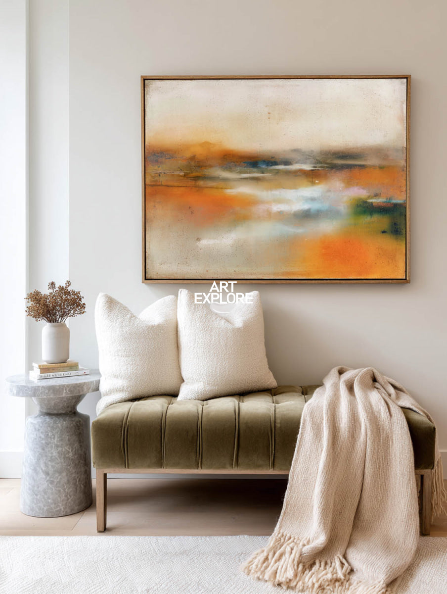 Large Abstract Landscape Painting In Brown And Amber Tones For Modern Living Room Decor
