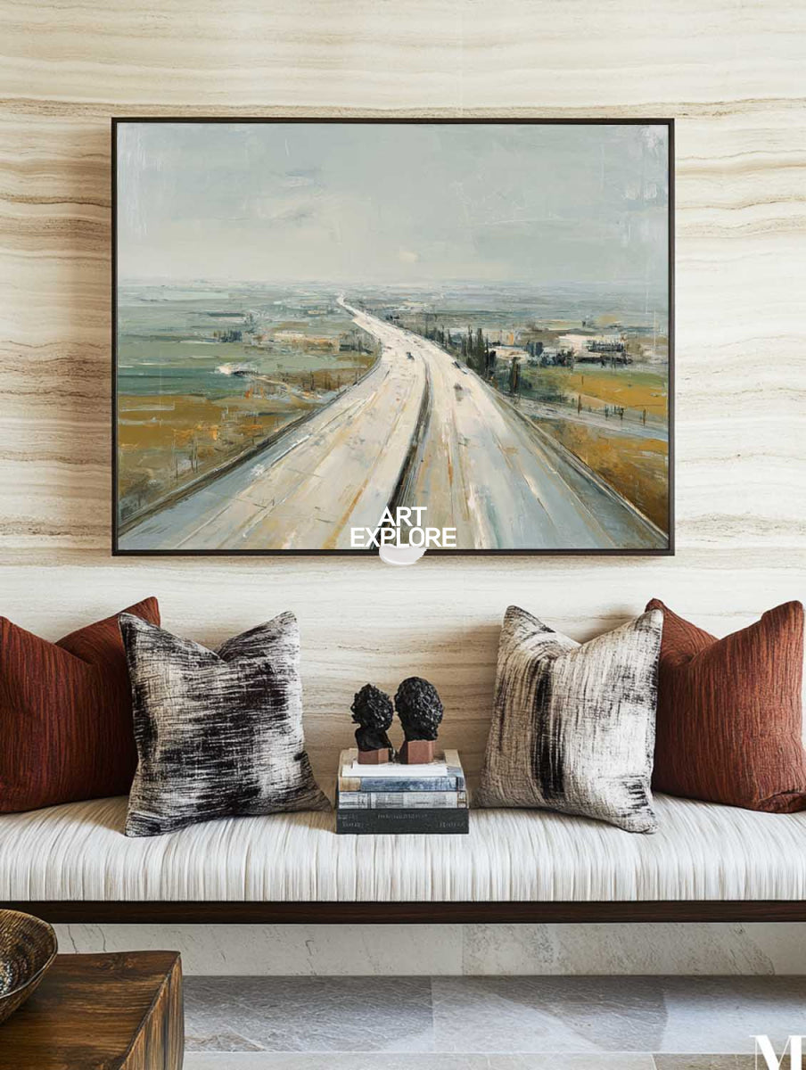 Minimalist Blue Landscape Painting With Smooth Texture For Living Room And Office Decor