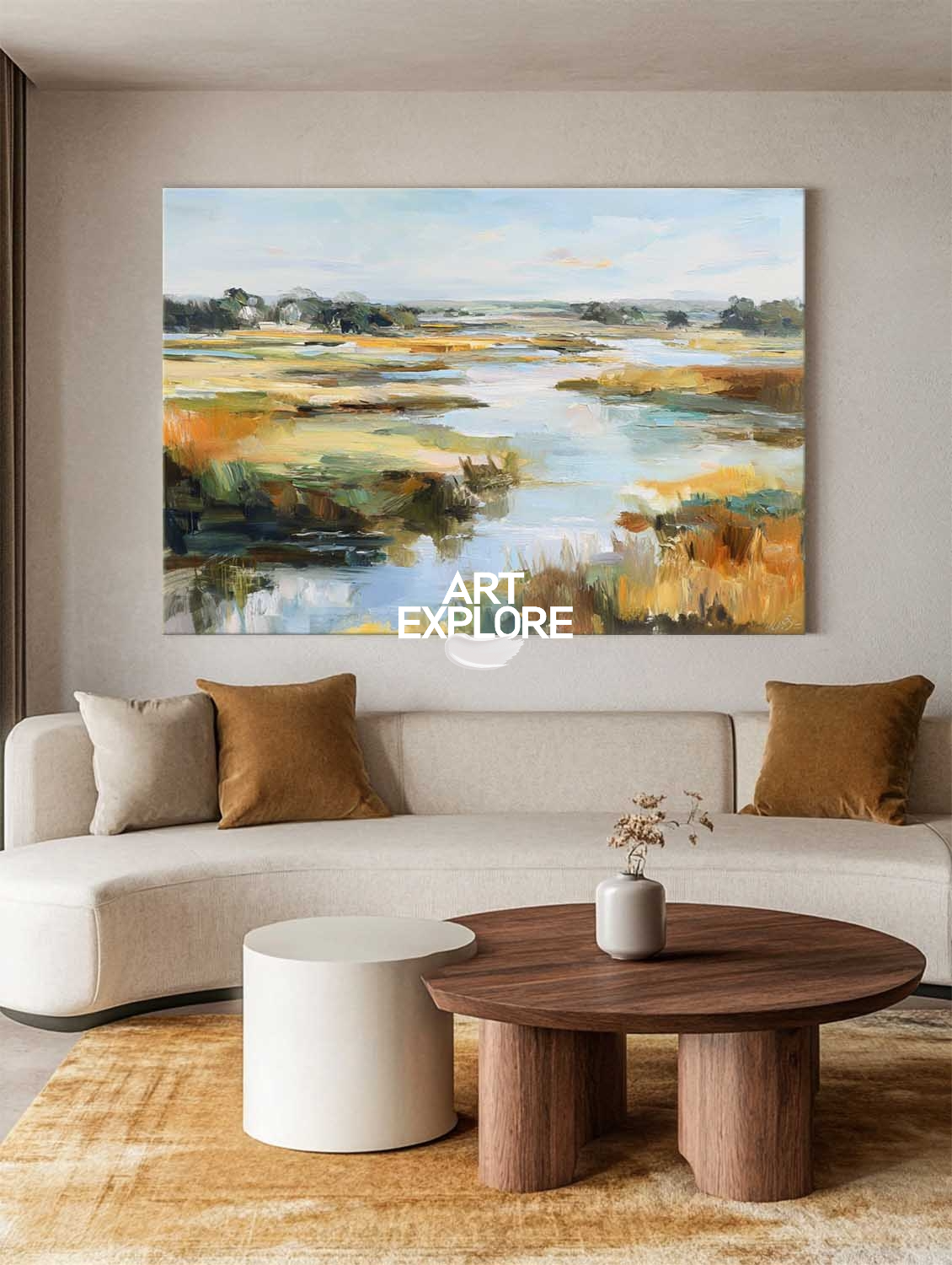 Horizontal Landscape Painting in Blue and Beige, Minimalist Wall Decor – ArtExplore