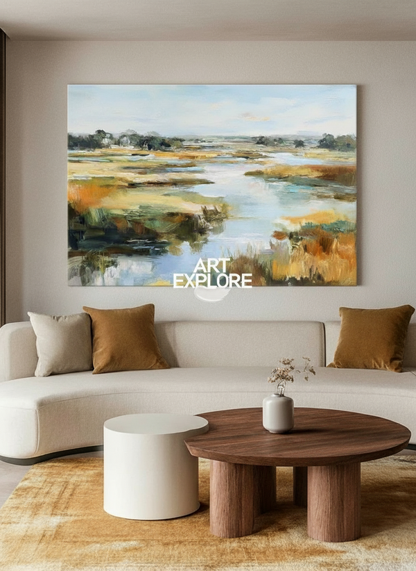 Horizontal Landscape Painting in Blue and Beige, Minimalist Wall Decor – ArtExplore