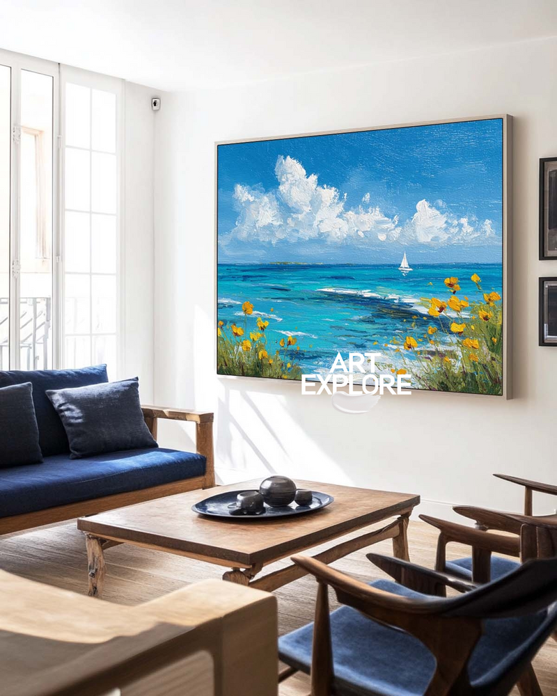 Horizontal Ocean Oil Painting with Flowers, Handmade Landscape – ArtExplore