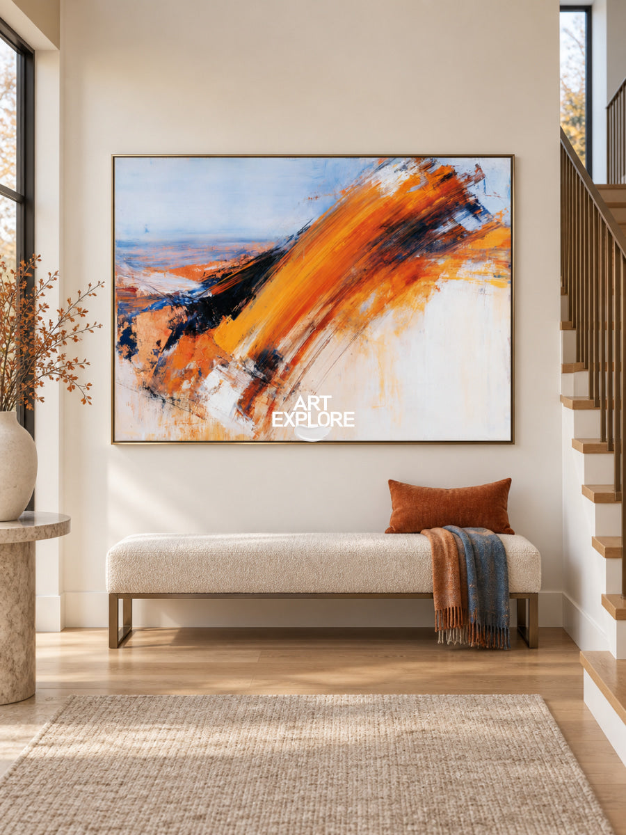Modern Abstract Wall Art With Orange Blue For Living Room Decor