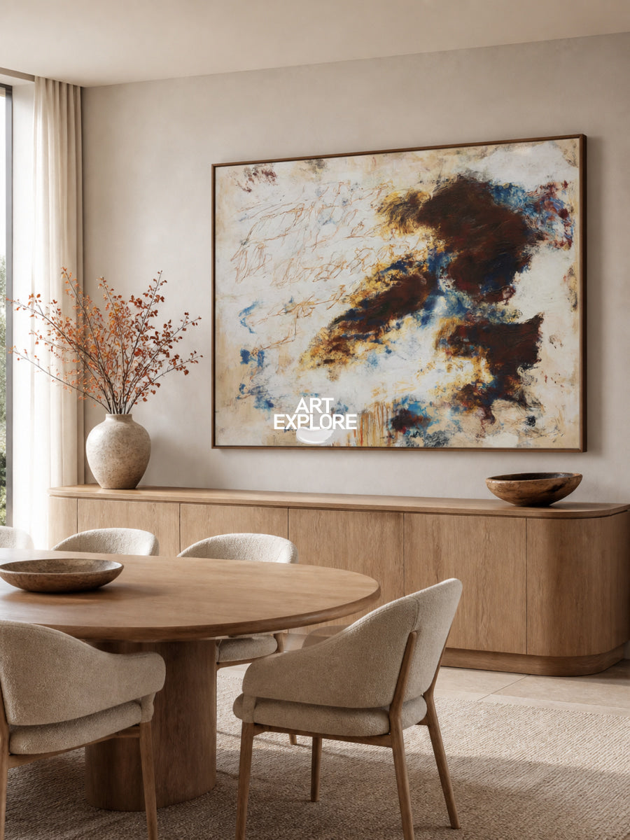 Brown And Blue Abstract Canvas Painting With Doodle Lines For Modern Wall Art