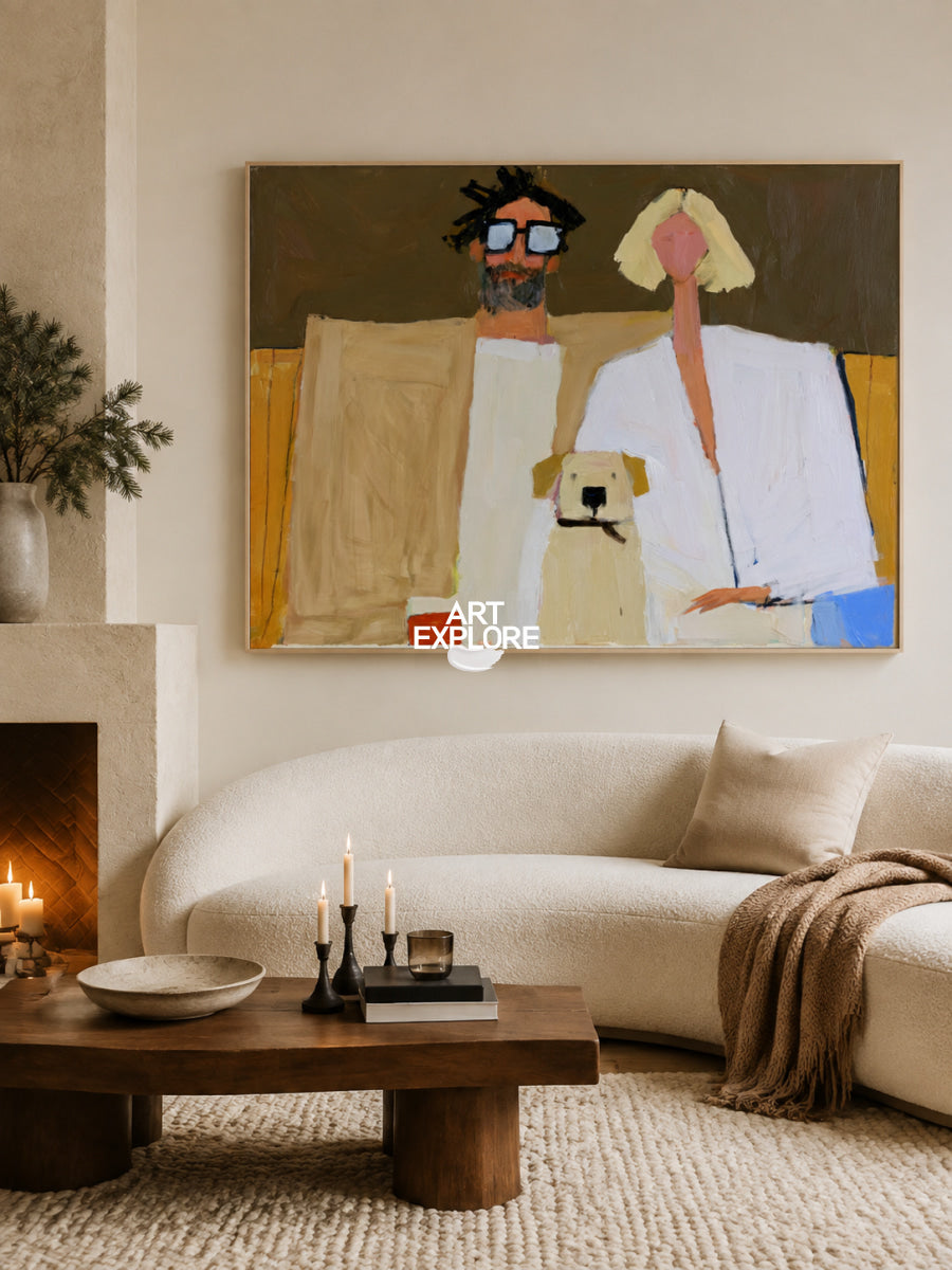 Minimalist Contemporary Art With Dog And Couple Warm Earthy Colors