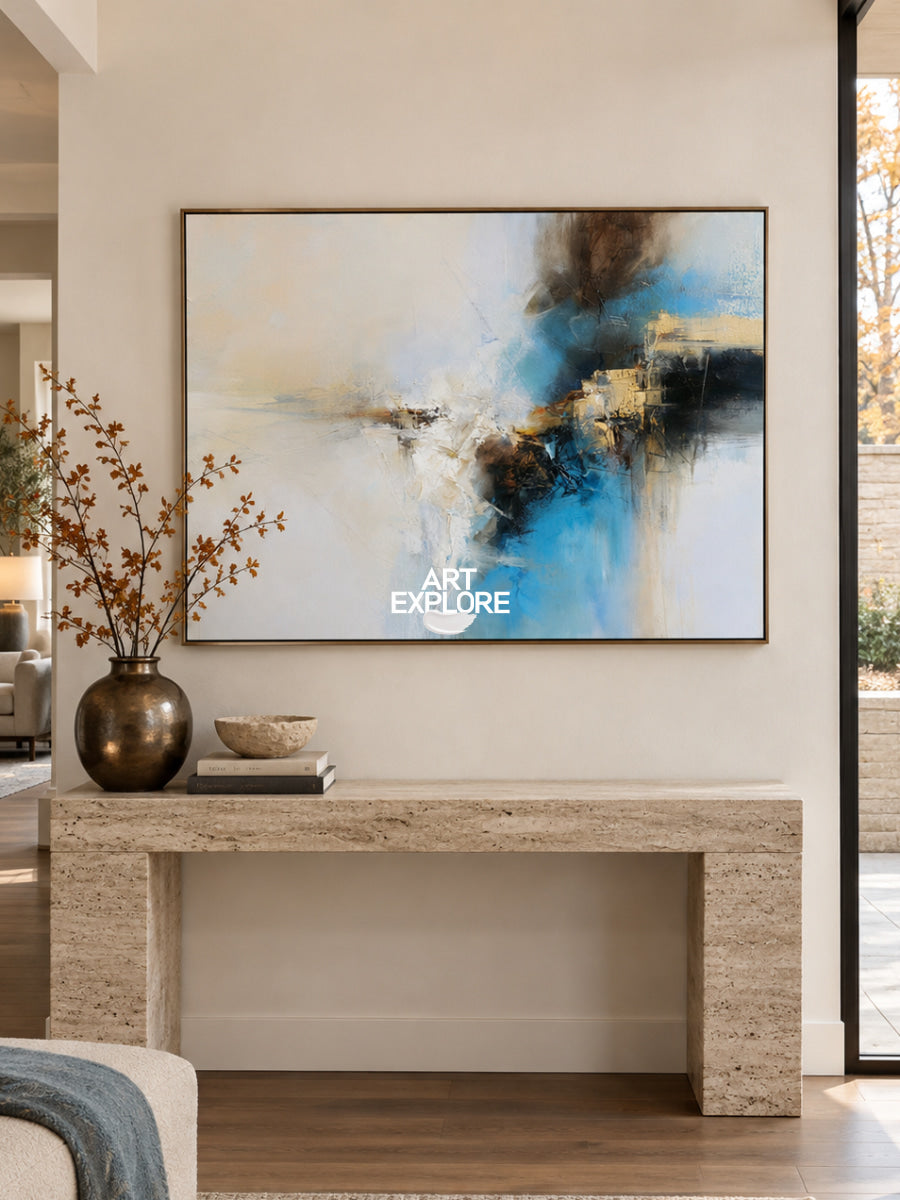 Abstract Blue And White Canvas Painting With Brown Accents For Modern Decor