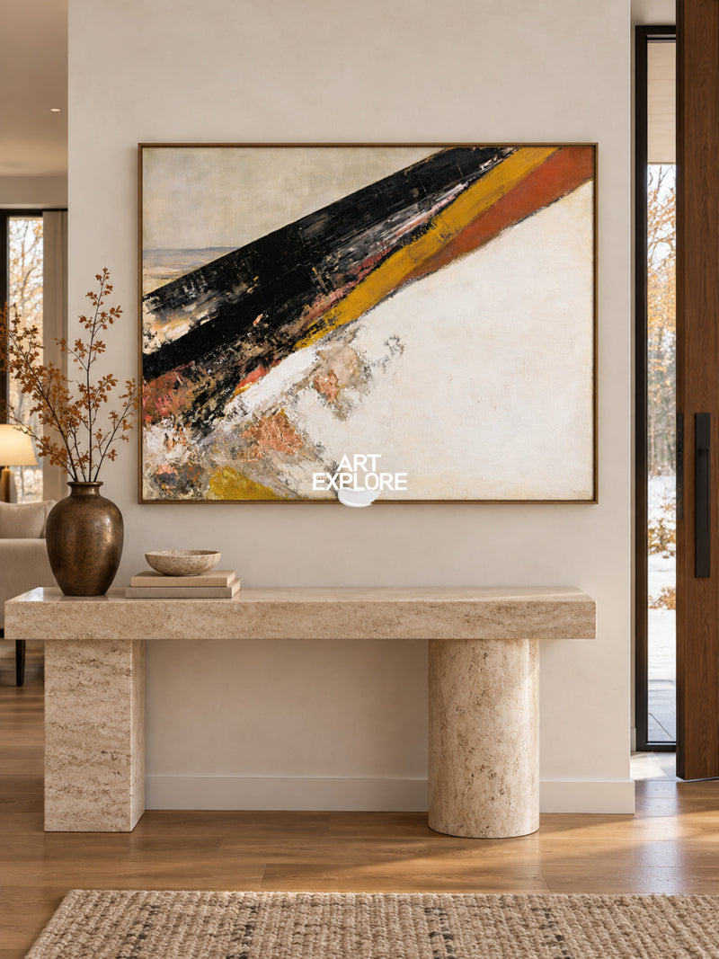 Contemporary Abstract Black And Beige Canvas Painting With Gold Accents ...