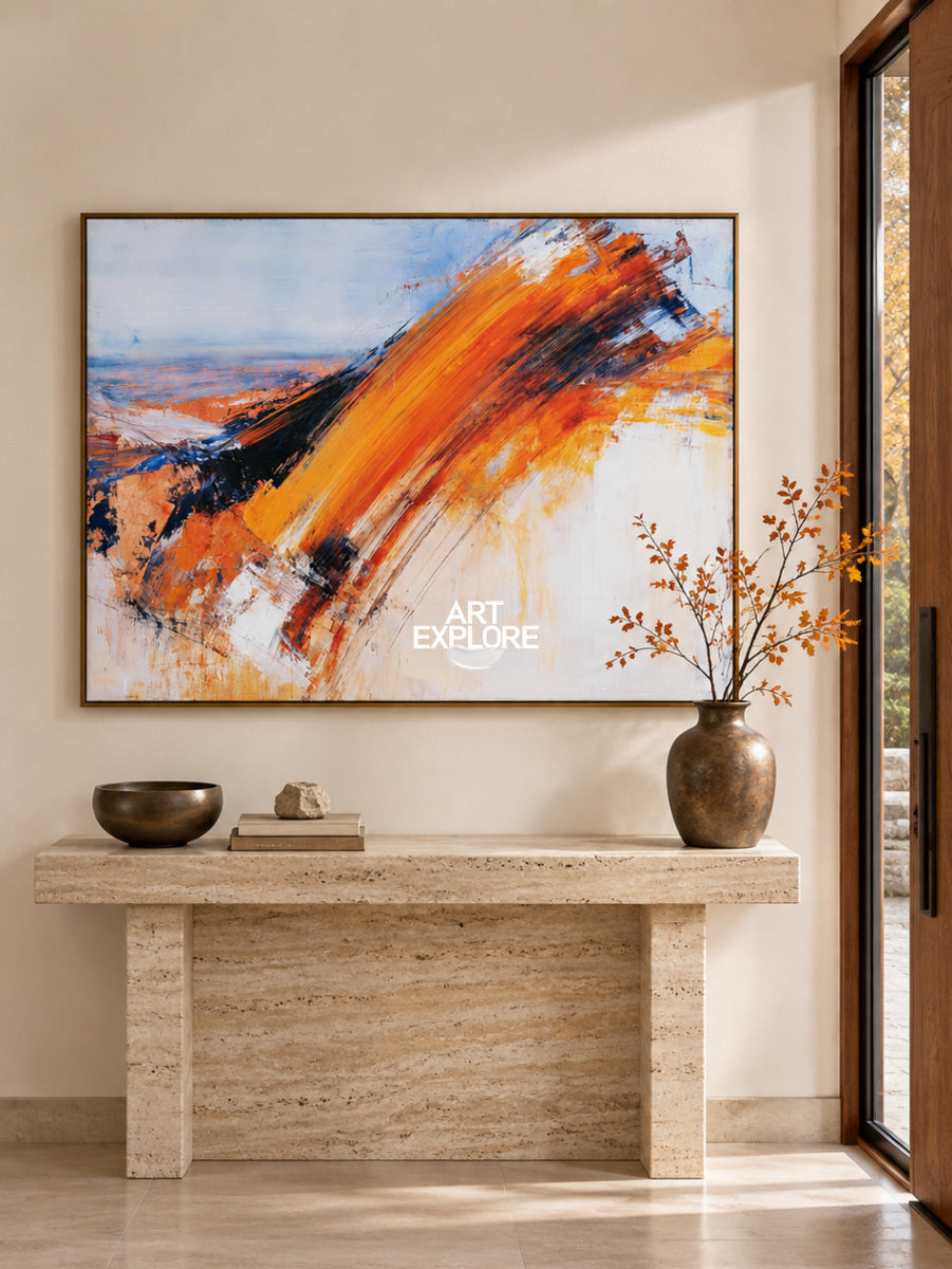 Modern Abstract Wall Art With Orange Blue For Living Room Decor