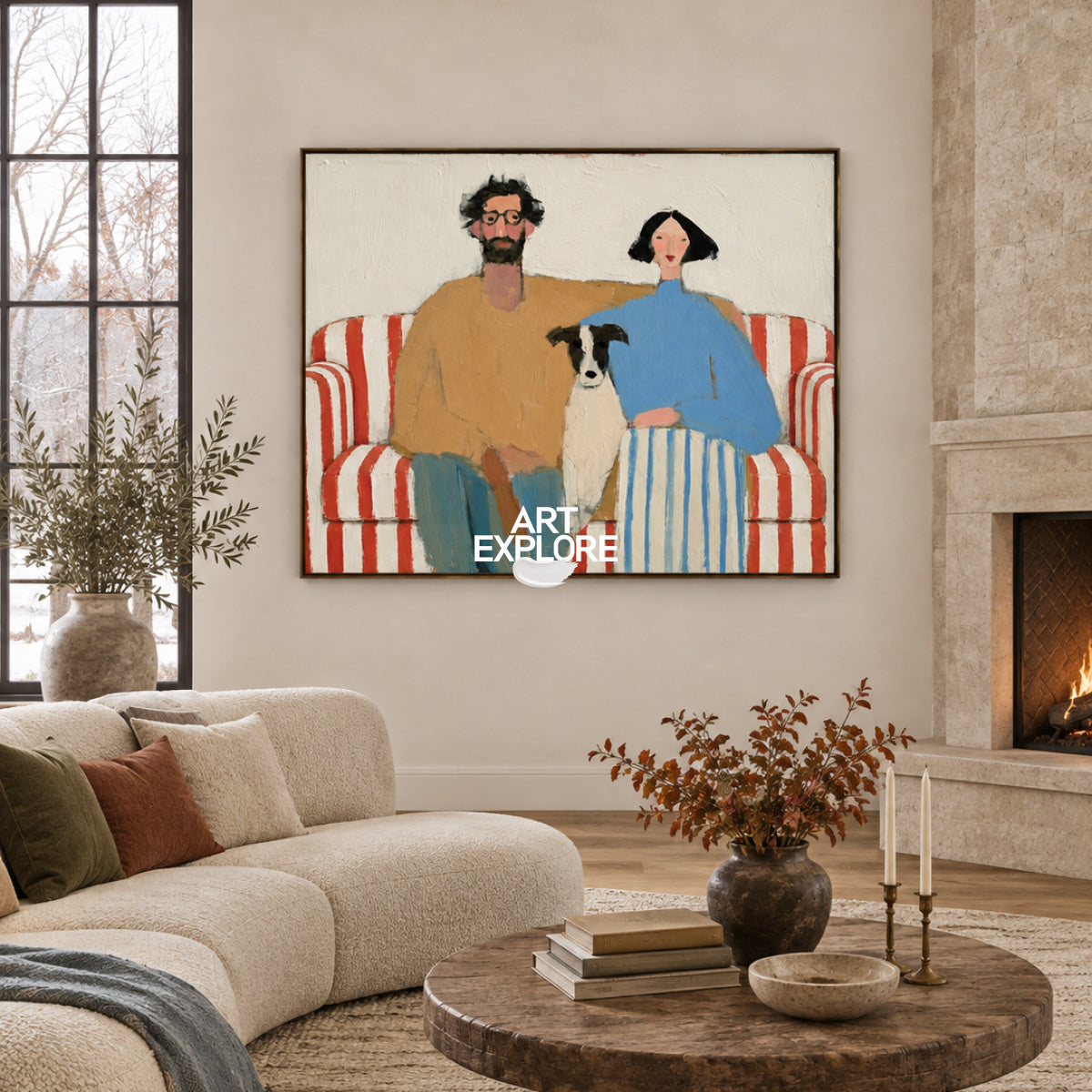 Abstract Couple And Dog Painting On Red Striped Sofa Hand-Painted Canvas Art