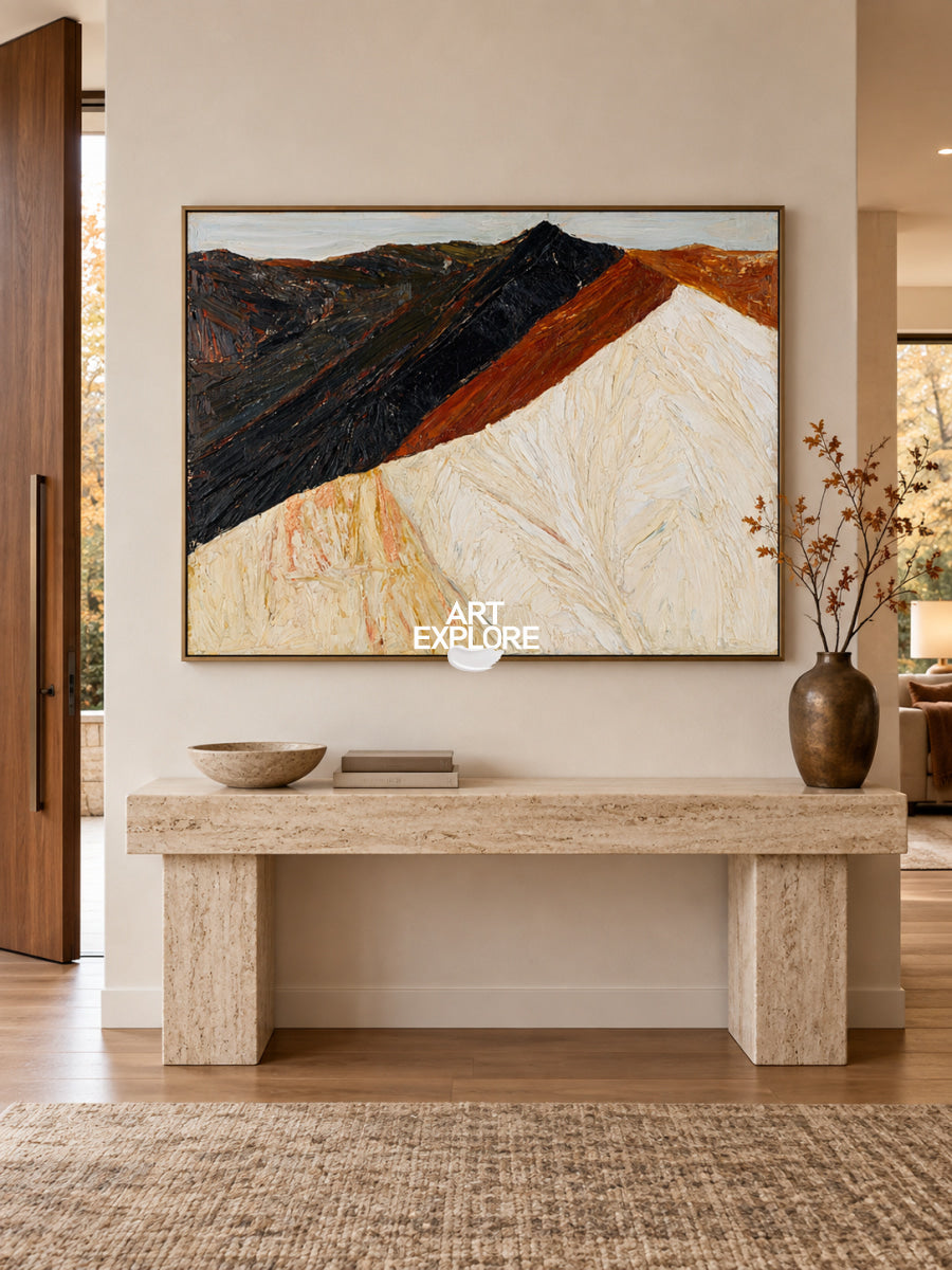 Abstract Mountain Landscape Canvas Painting With Earthy Tones And Textured Brushwork