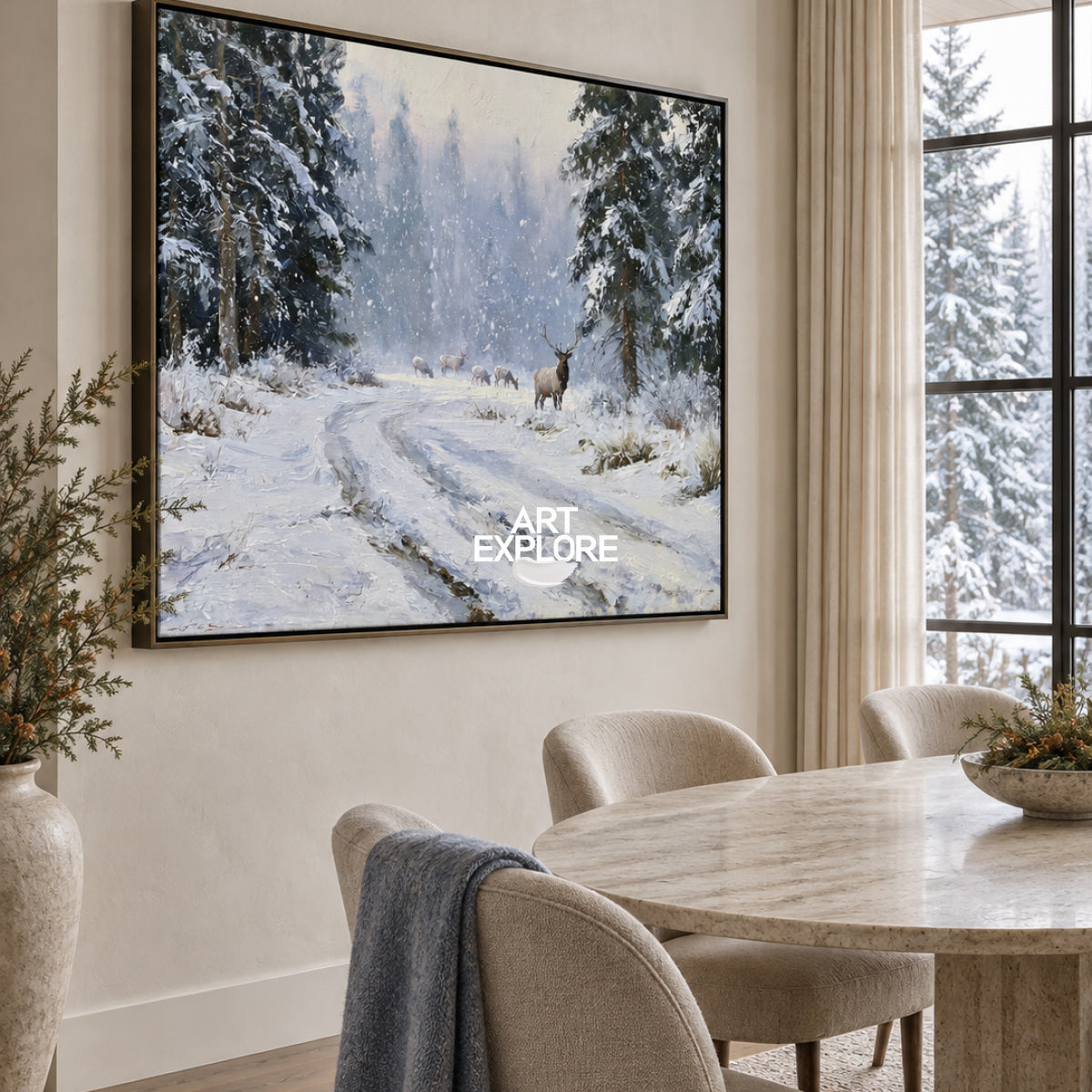 Hand-Painted Deer And Elk In Snowy Forest Canvas Painting