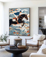 Horse Racing Wall Art | Large Blue Equestrian Oil Painting Handmade Wall Art | ArtExplore