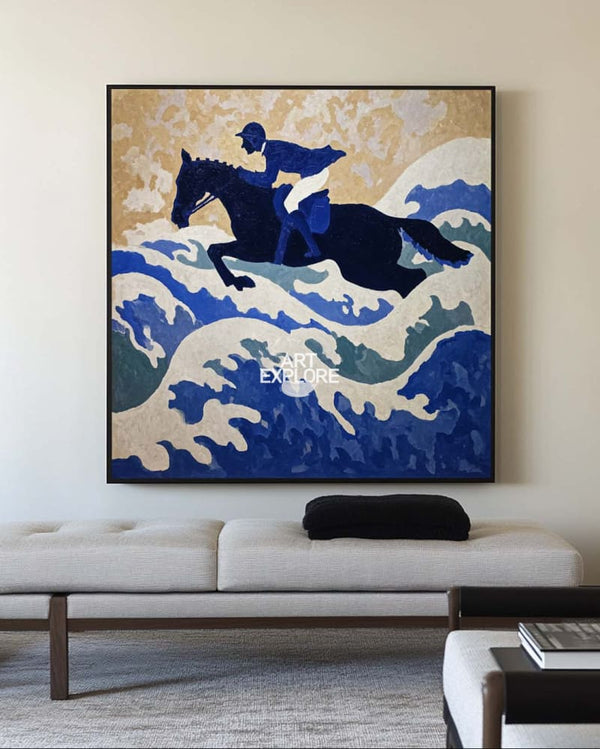 Horse Racing Wall Art | Large Blue Equestrian Texture Oil Painting | ArtExplore
