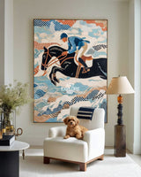 Horse Riding Oil Canvas | Large Vertical Blue Textured Wall Art | ArtExplore