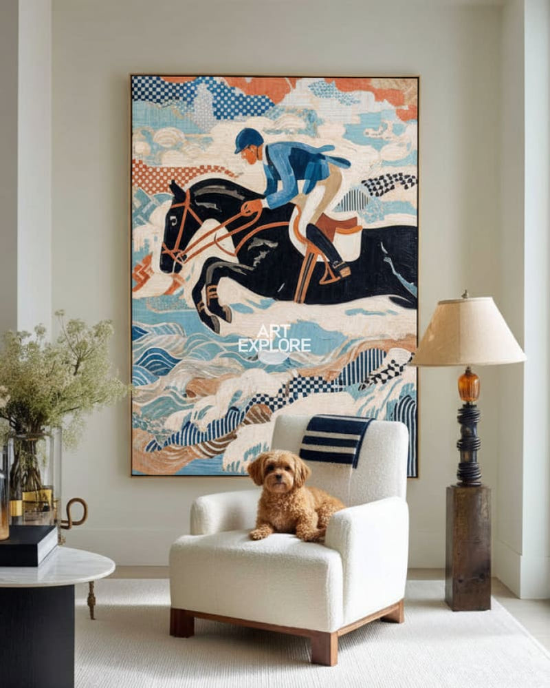 Modern Horse Riding Oil Painting | Large Blue Textured Equestrian Wall ...