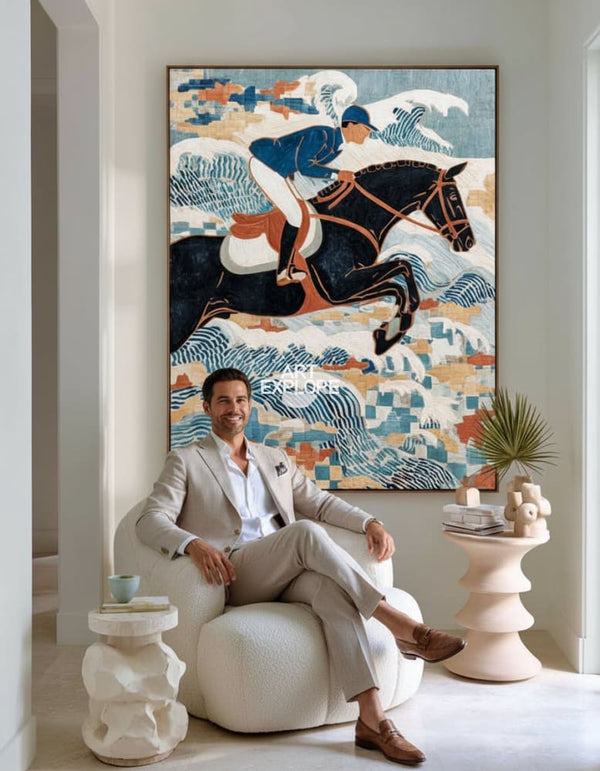 Horse Riding Oil Painting | Large Blue Minimalist Equestrian Art ArtExplore