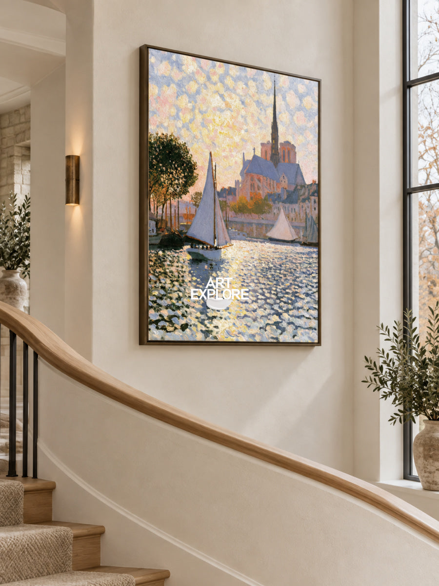 Sunlit Harbor With Sailboats And Church Canvas Painting