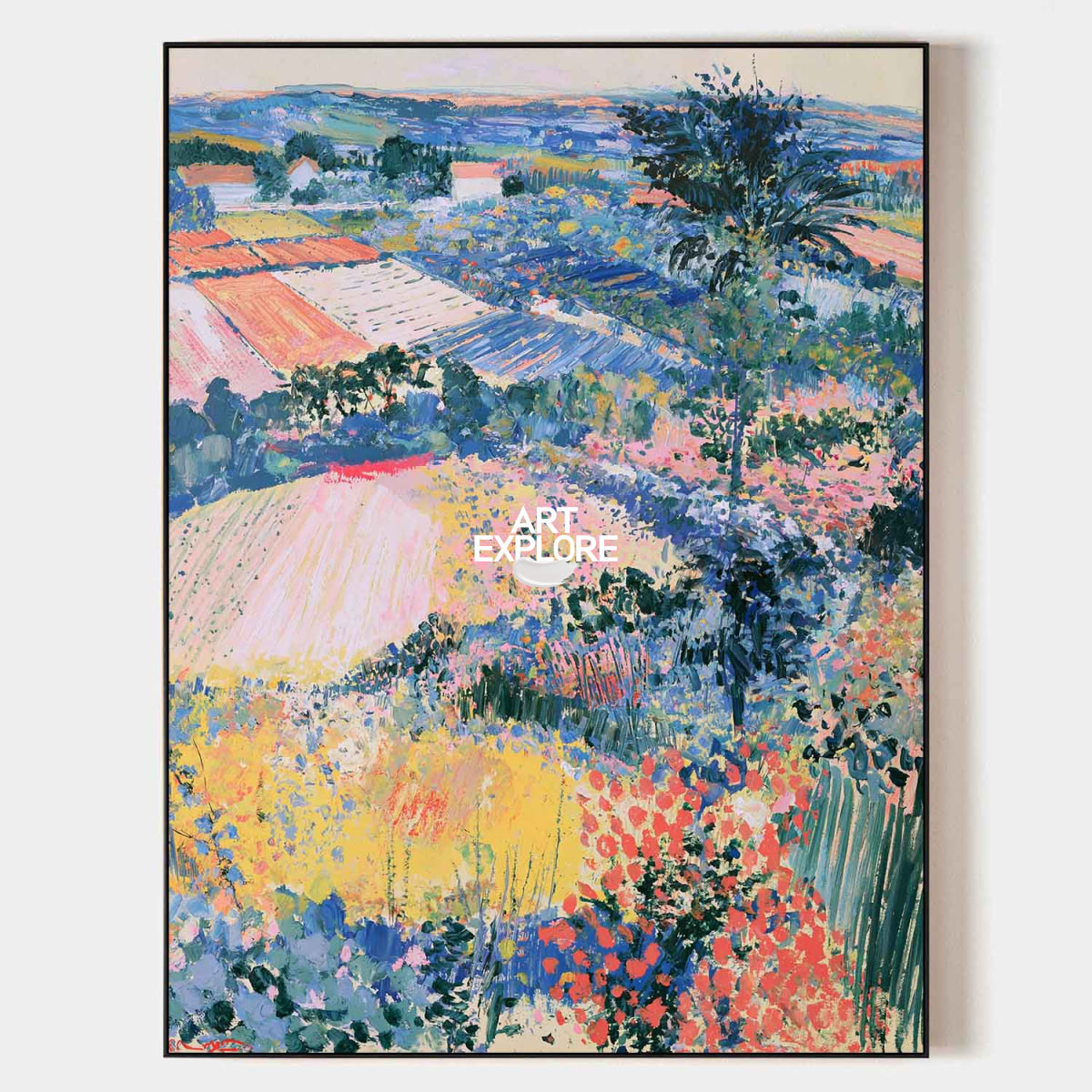 Hand-Painted Impressionist Countryside Landscape Canvas Painting In Blue And Pink
