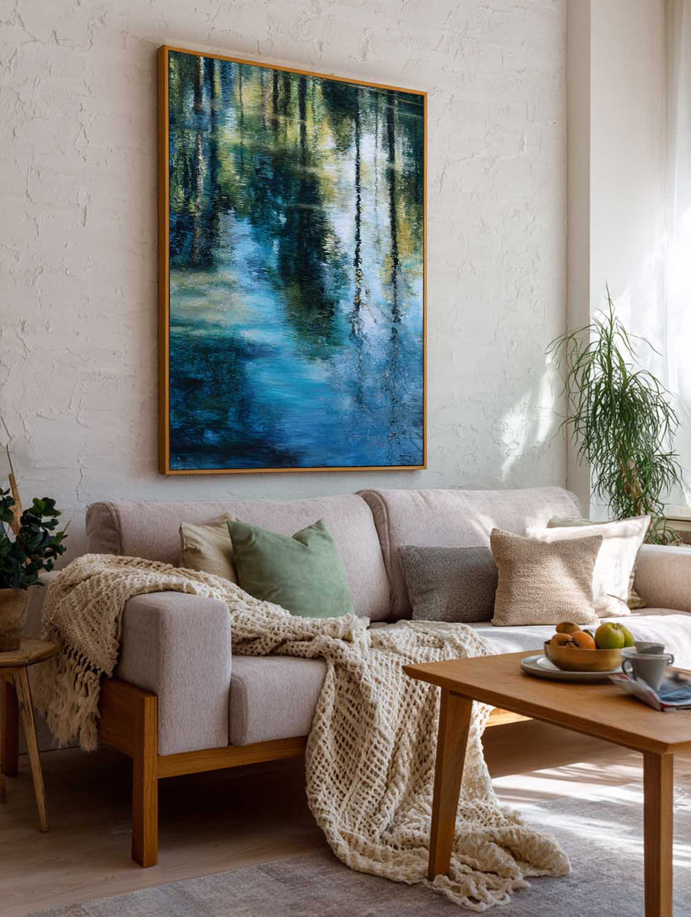 Impressionist Green and Blue Reflection Oil Painting – Modern Large Space Wall Decor | ArtExplore
