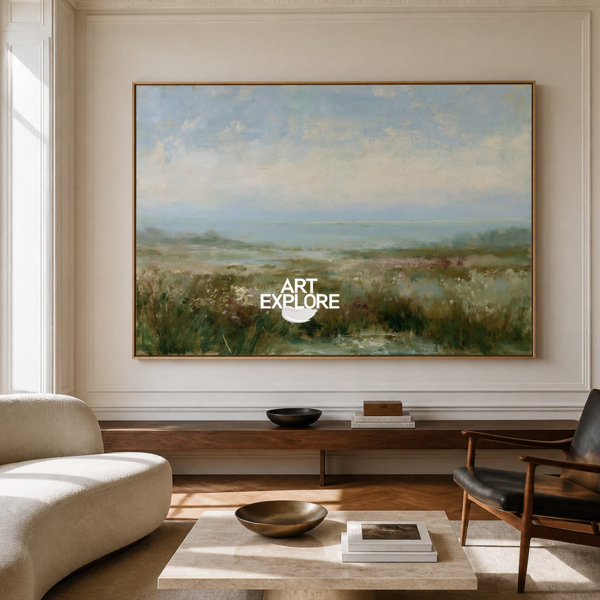 Hand-Painted Coastal Seascape Canvas Painting With Blue And Green Tones