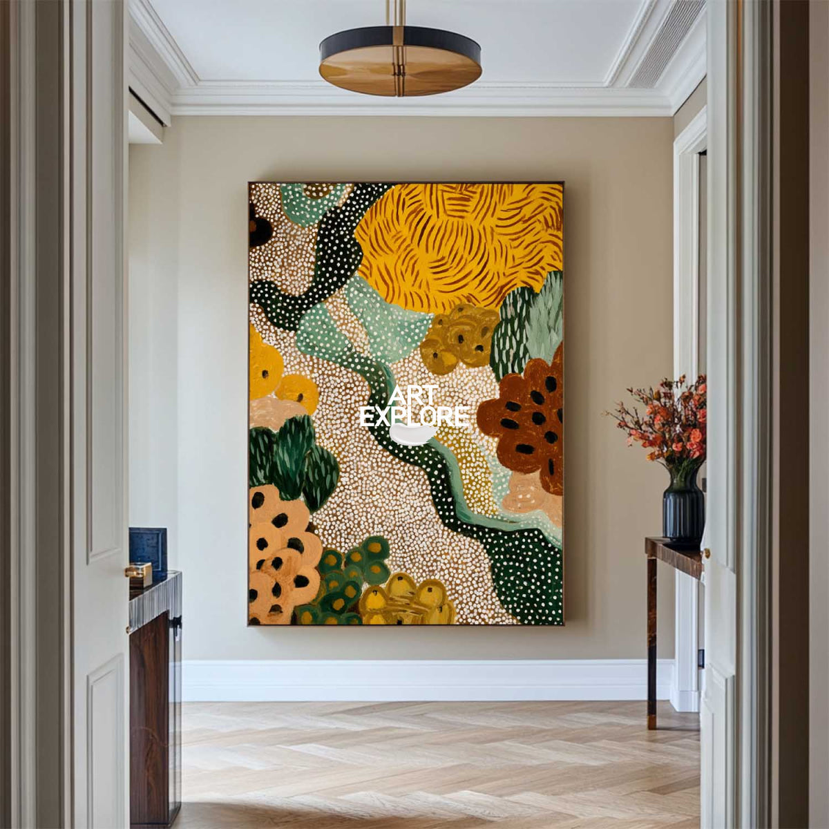 Hand Painted Folk Abstract Art With Green And Yellow Tones For Modern Living Room Decor