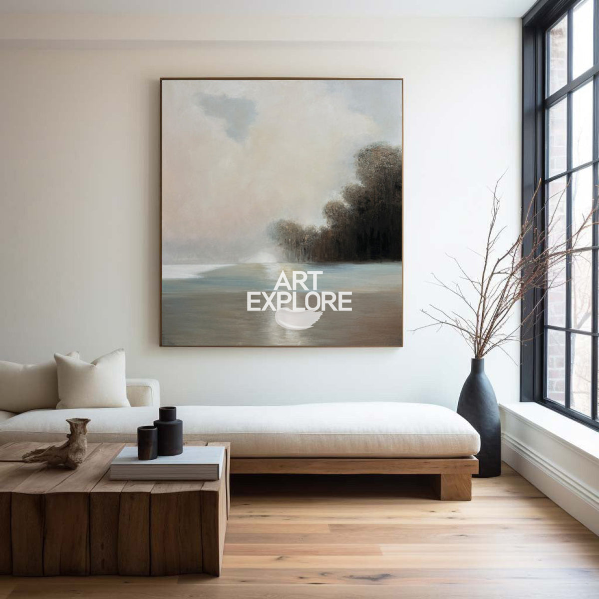 Lake View Painting Landscape Art Beige Landscape Thick Texture Art