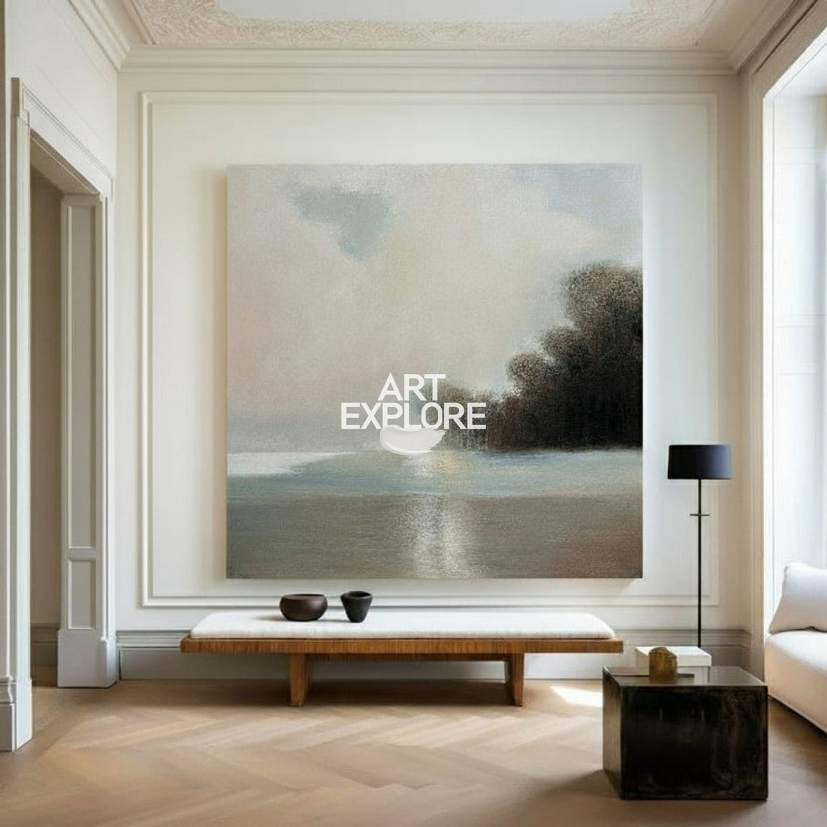 Lake View Painting Landscape Art Beige Landscape Thick Texture Art