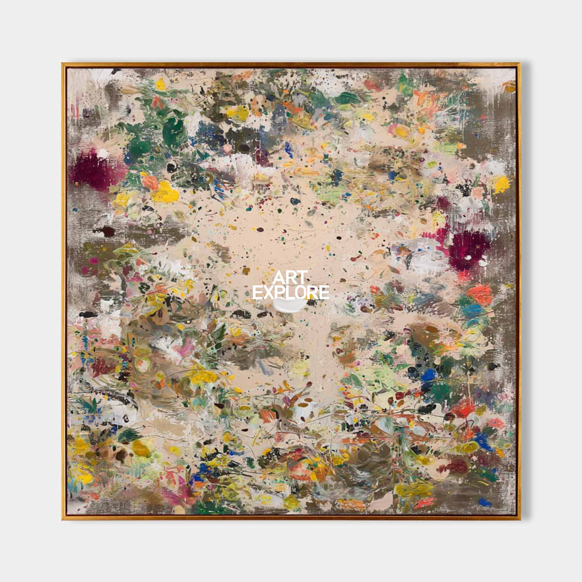 Abstract Beige And Brown Canvas Painting With Colorful Splashes