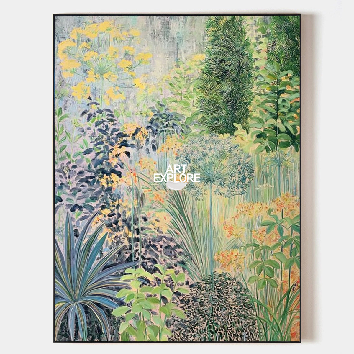 Abstract Botanical Garden Painting Green Yellow Blue Hand-Painted Canvas Wall Art