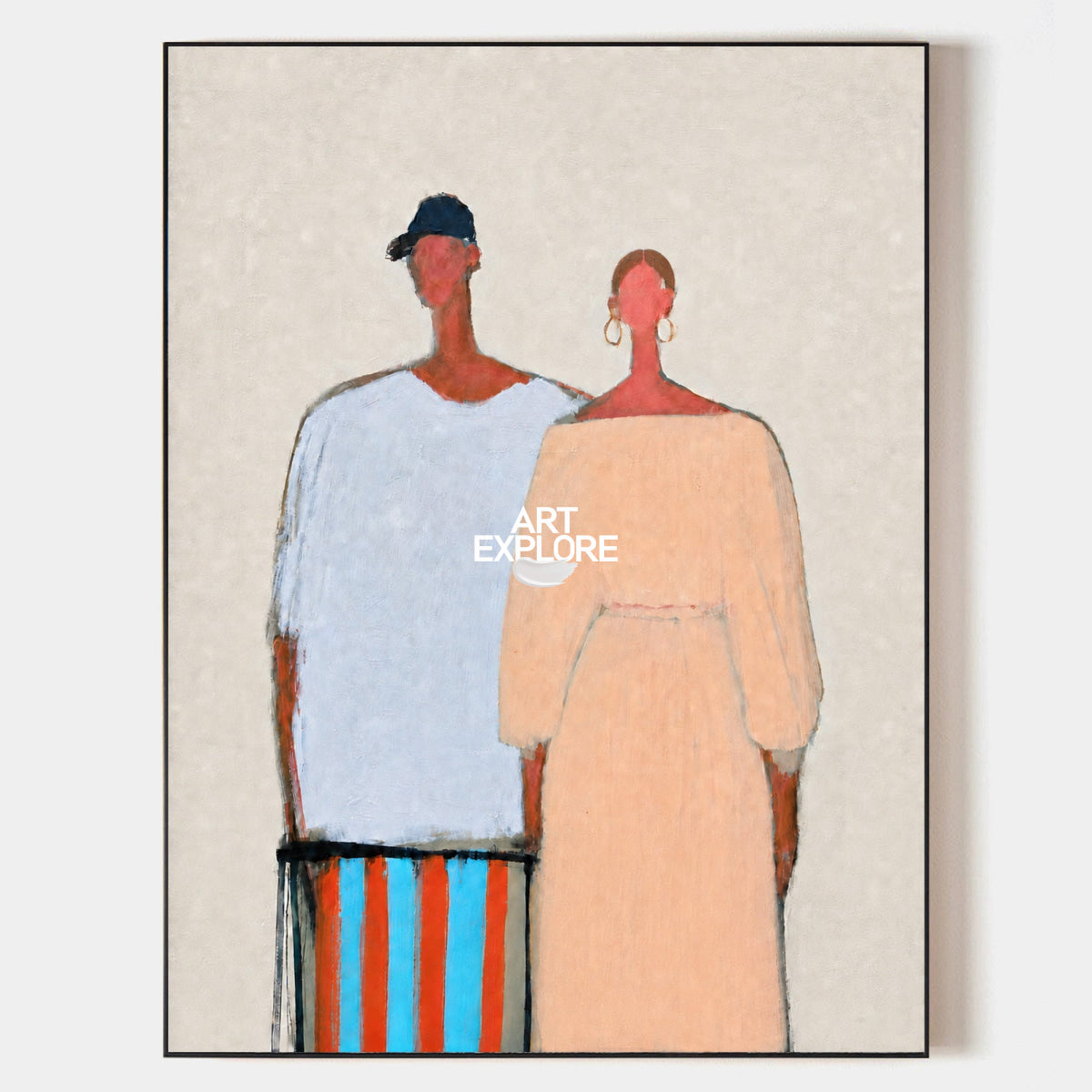 Abstract Figure Painting In Beige And Blue And Beige For Living Room Wall Art